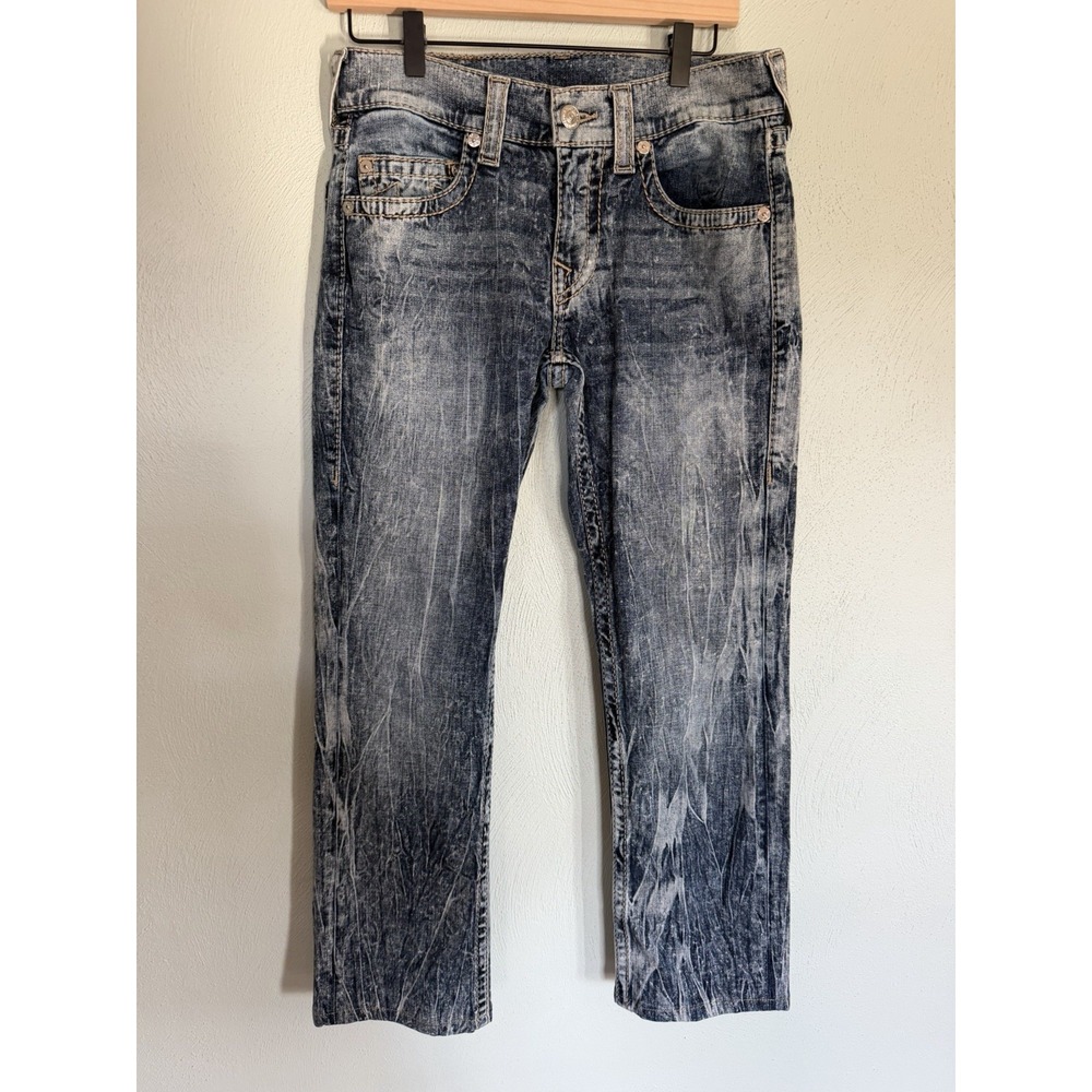 True Religion Mens Straight Leg Jeans 30x30 Y2K Acid Wash Contrast Stitch Blue